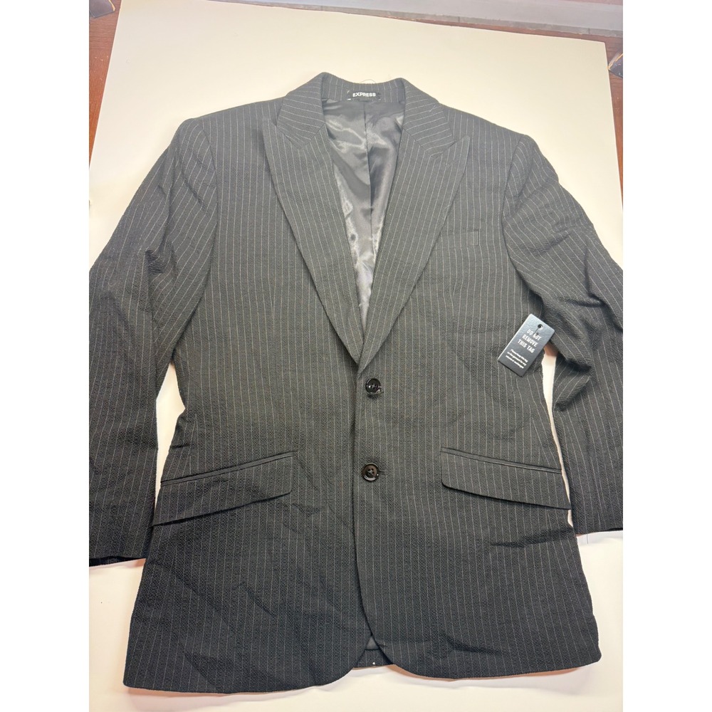 Express Mens Black Pinstripe Two Button Peak Lapel Slim Fit Blazer Jacket